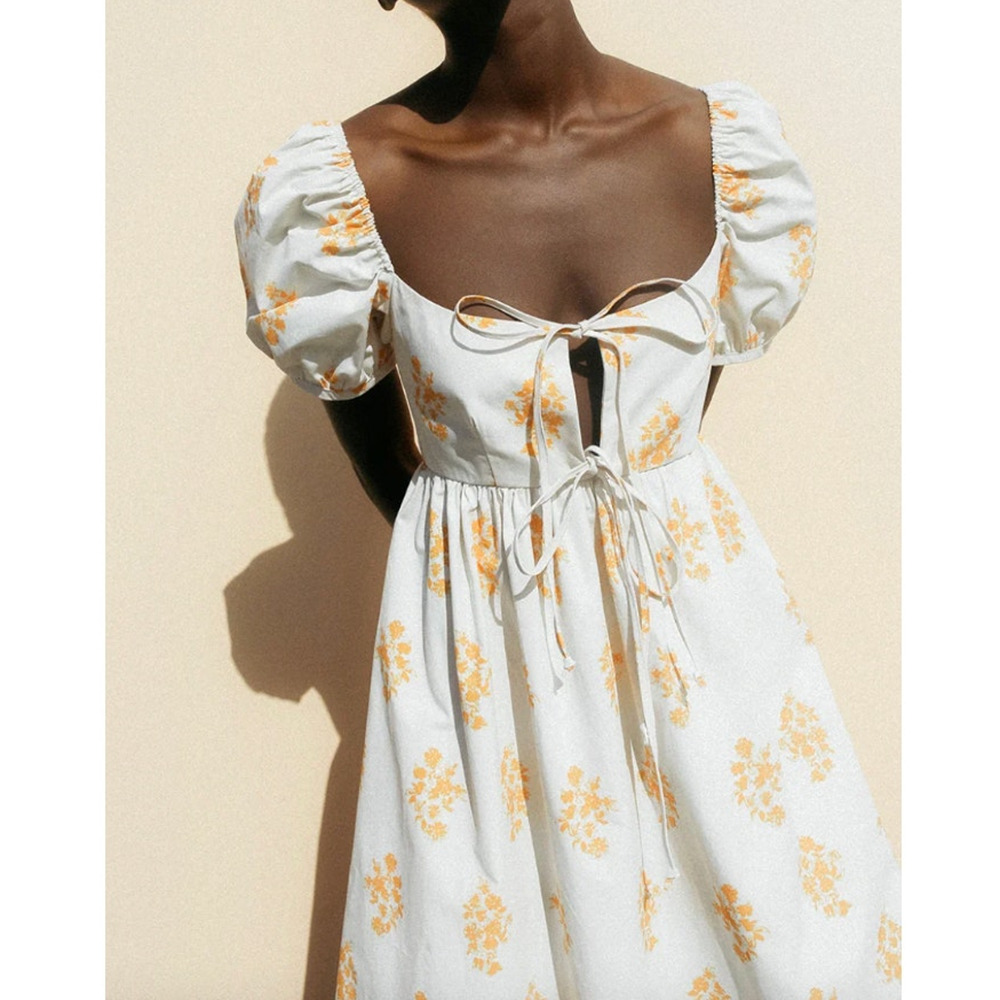 Ciao Lucia Alessia XS Floral Puff Sleeve Empire Midi Dress White Yellow Coquette